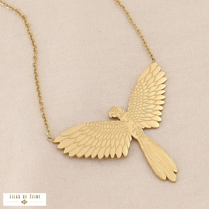 Collier acier inoxydable pendentif oiseau perroquet en vol 0124043 doré