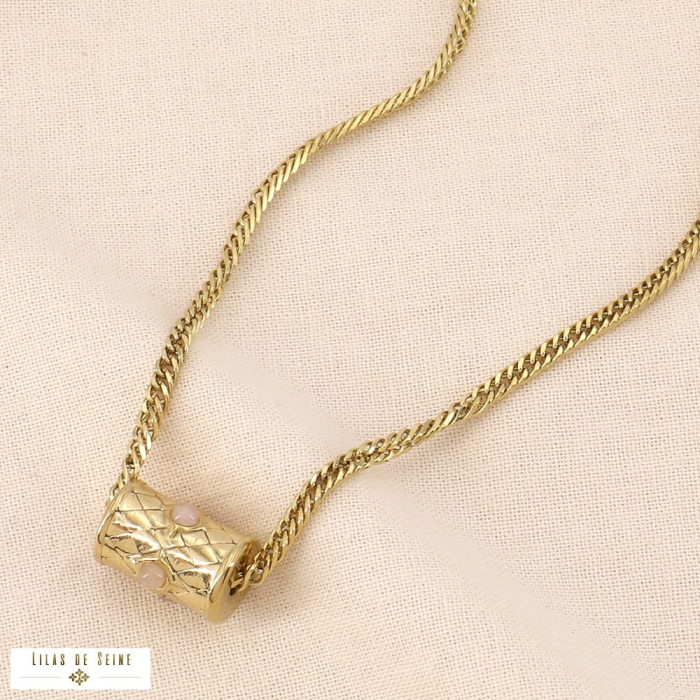 Collier acier inoxydable pendentif talisman cylindre pierre 0124048 rose