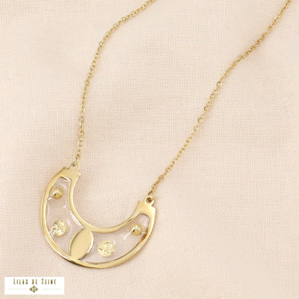 Collier acier inoxydable pendentif demi lune ajourée 0124050 doré