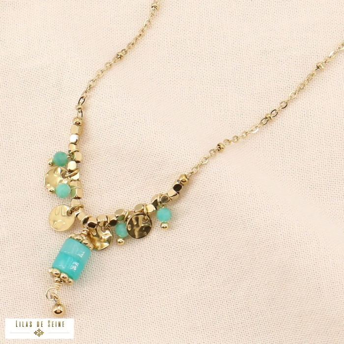 Collier acier inoxydable pampilles pierre naturelle disques 0124053 vert aqua