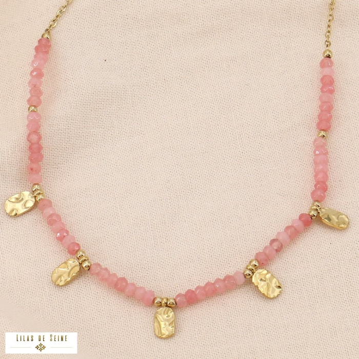 Collier acier inoxydable billes pierre naturelle pampilles 0124054 rose