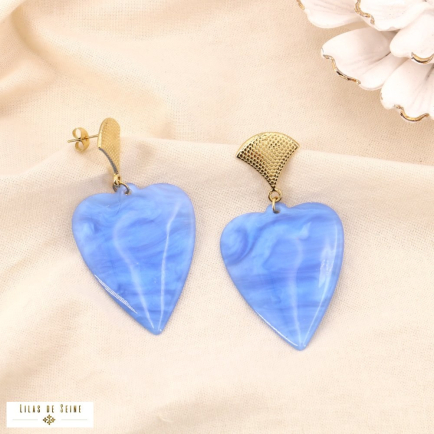 Boucles d'oreilles acier inoxydable coeur résine marbrée 0324008 bleu ciel