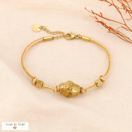 Bracelet cordon bicolore métallisé talisman acier inoxydable 0224035 rose