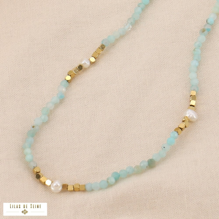 Collier billes pierre perles eau douce acier inoxydable 0124060 vert aqua
