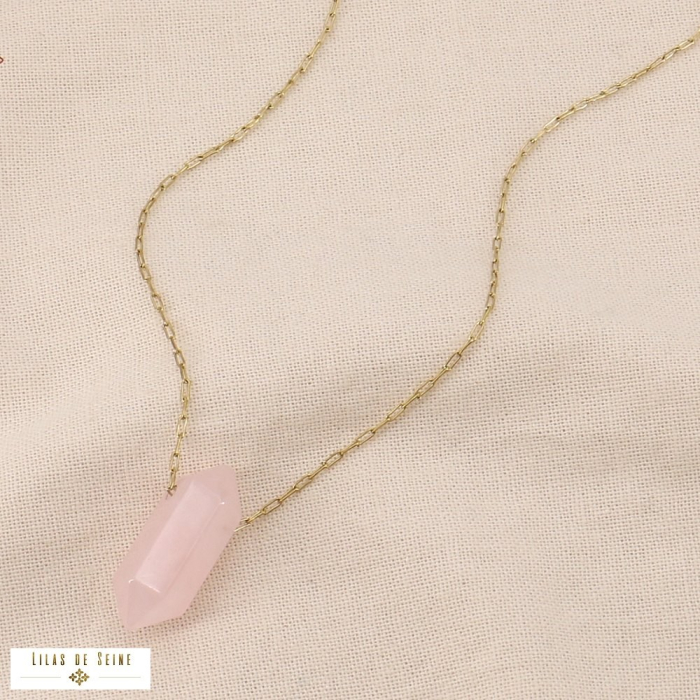 Collier acier inoxydable pendentif pointe pierre biseautée 0124071 rose