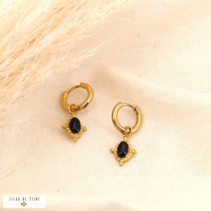 Mini-créoles pendantes acier inox rococo cabochon ovale 0324018 noir