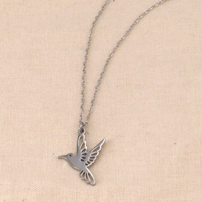 Collier acier inoxydable pendentif oiseau colibri en vol 0124030 argenté