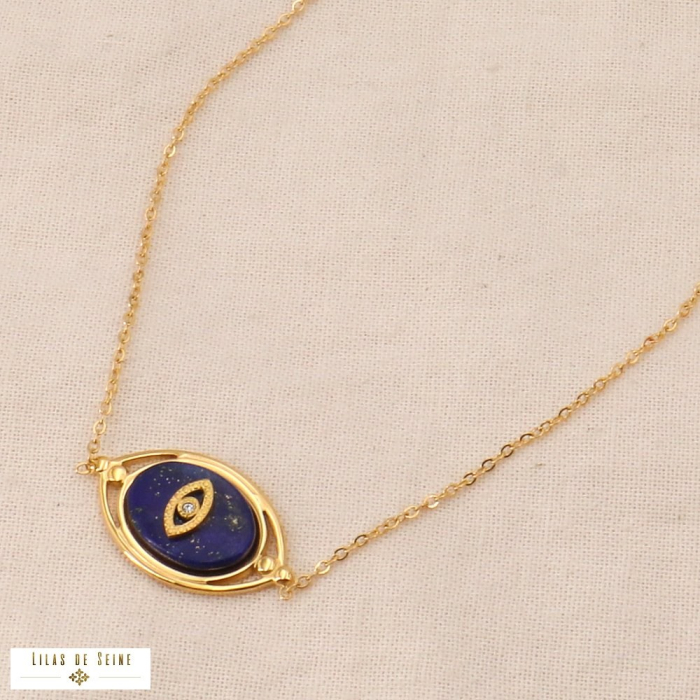 Collier acier inoxydable pendentif oeil pierre naturelle 0124014 bleu foncé