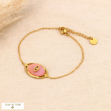 Bracelet acier inoxydable pendentif oeil pierre naturelle 0224009 rose clair