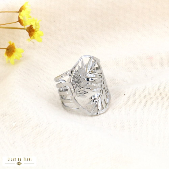 Bague acier inoxydable ouverte martelé ajourée rameaux d'olivier femme 0424015 argenté