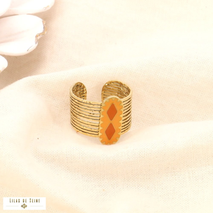 Bague large multi-rangs acier inoxydable et émail coloré femme 0424036 orange foncé