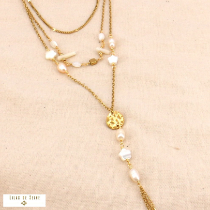 Long collier multi-rangs acier tassel perles étoile nacre 0124072 blanc