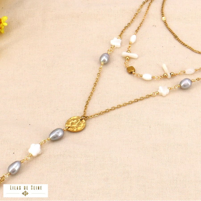 Long collier multi-rangs acier tassel perles étoile nacre 0124072 gris clair