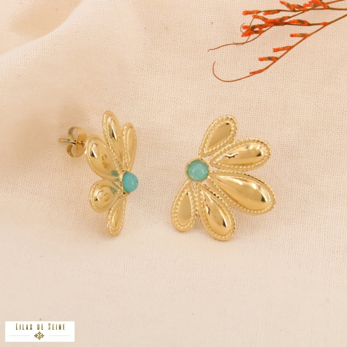 Boucles d'oreilles acier inoxydable fleur et cabochon pierre naturelle 0324091 bleu turquoise