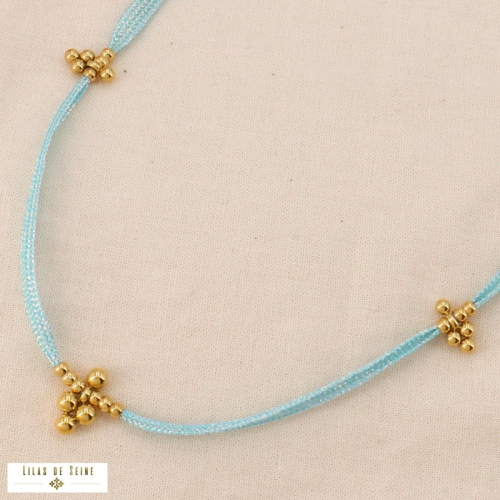 Collier cordon coloré métallisé billes acier inoxydable 0124067 bleu