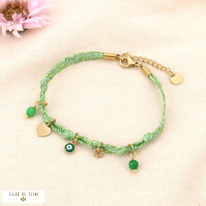 Bracelet cordon coloré métallisé pampilles acier inoxydable 0224064 vert