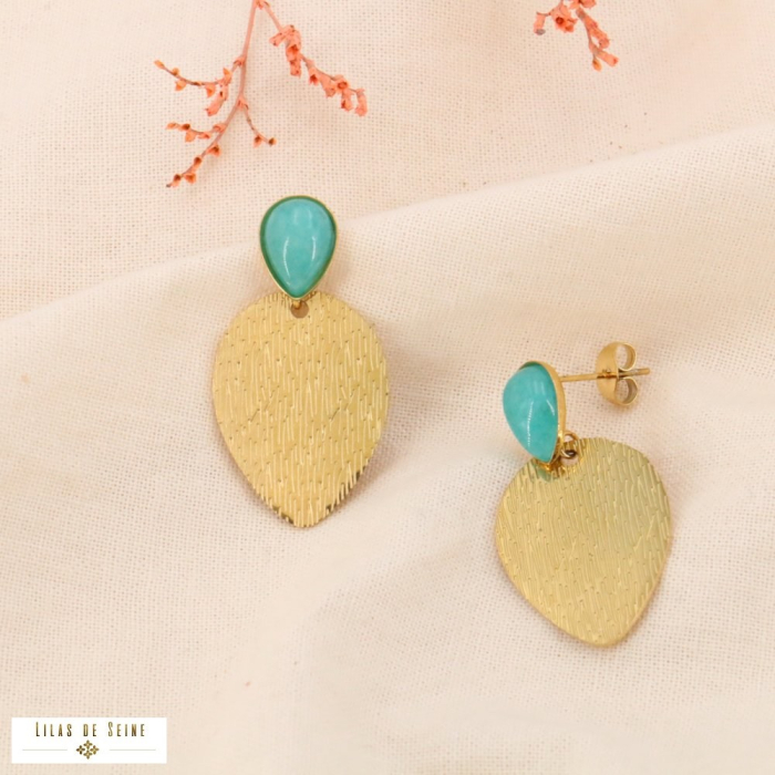Boucles d'oreilles gouttes feuilles acier inoxydable pierre 0324032 vert aqua