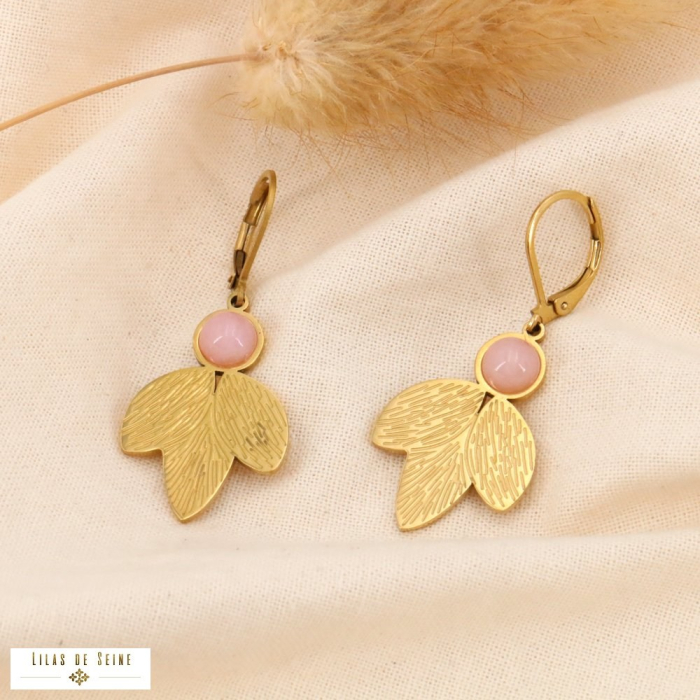 Boucles d'oreilles feuilles texturées acier inoxydable pierre 0324033 rose