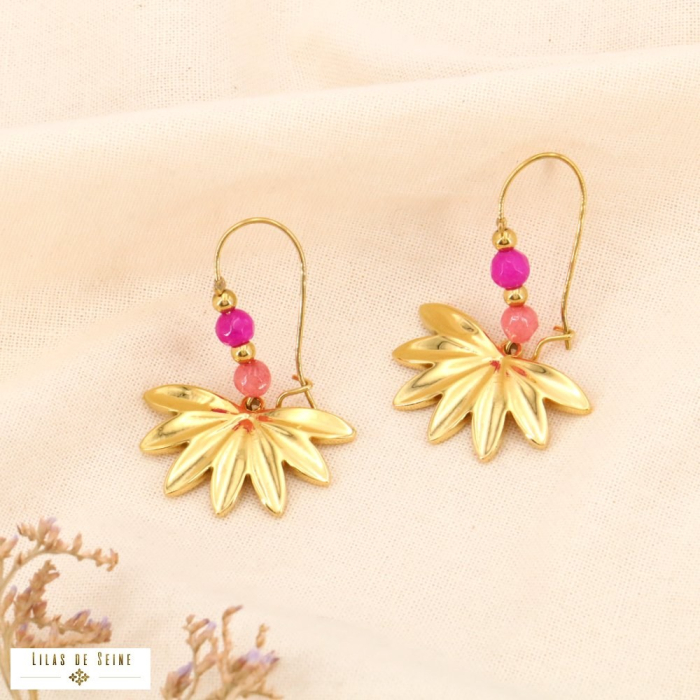 Boucles d'oreilles feuilles acier inoxydable pierre naturelle 0324022 fushia