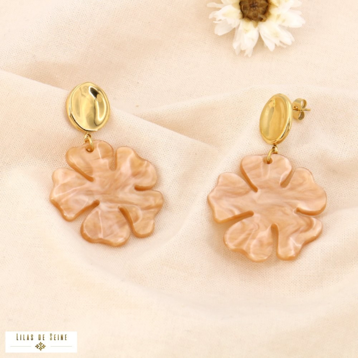 Boucles d'oreilles acier ovale inox fleur résine marbrée 0324006 naturel/beige