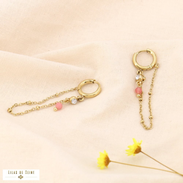 Mini-créoles chaînette billes acier inoxydable pierre strass 0324074 rose