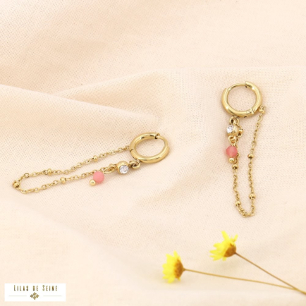 Mini-créoles chaînette billes acier inoxydable pierre strass 0324074 rose