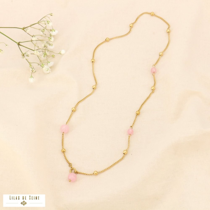 Sautoir Y acier inoxydable pierre chaîne gourmette à billes 0124085 rose