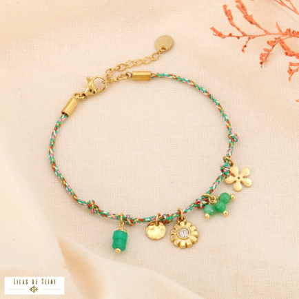 Bracelet cordon tressé coloré pampilles fleurs acier inox 0224071 vert