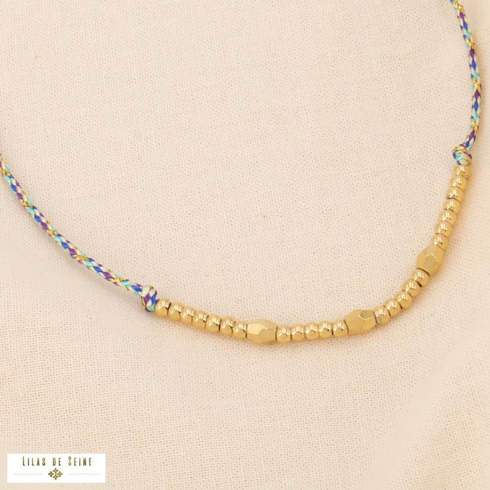 Collier cordons tressés coloré métallisé billes acier inox 0124068 bleu foncé