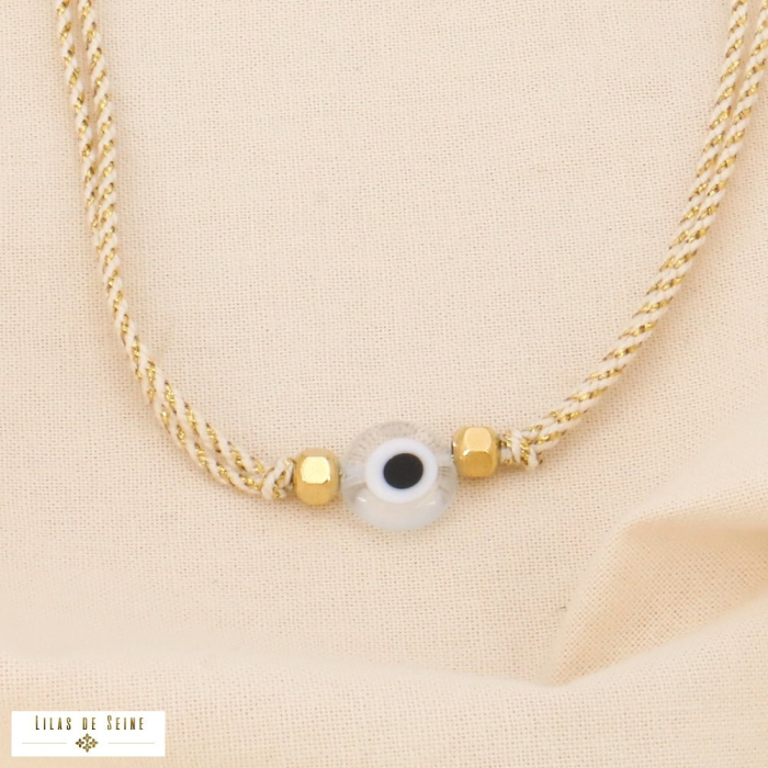 Collier tressé double-rangs cordon coloré oeil acier verre 0124077 naturel/beige