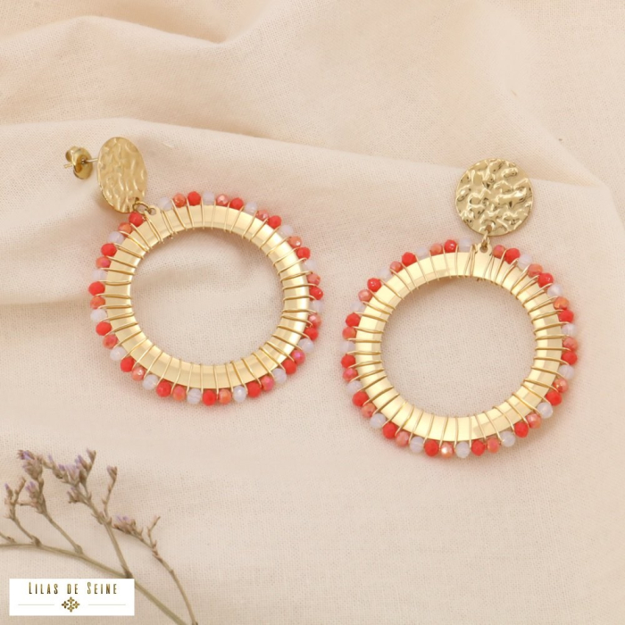 Boucles d'oreilles acier oversized broderie de perles cristal 0324070 orange