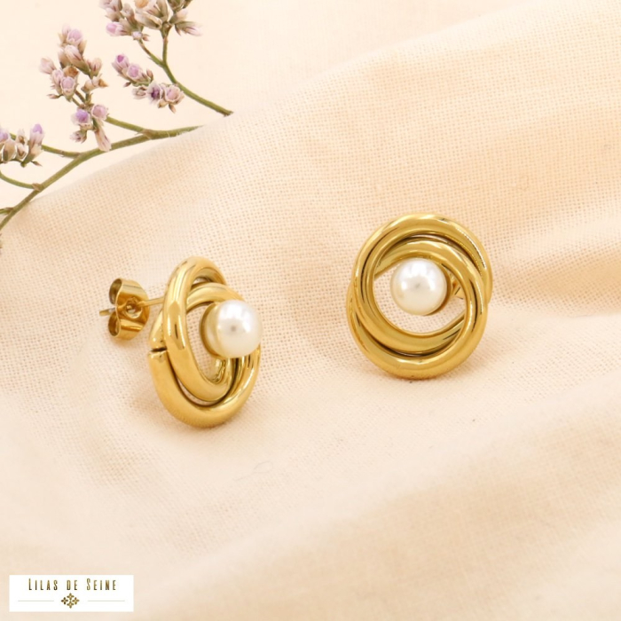 Boucles d'oreilles acier anneaux entrelacés perle acrylique 0324088 doré