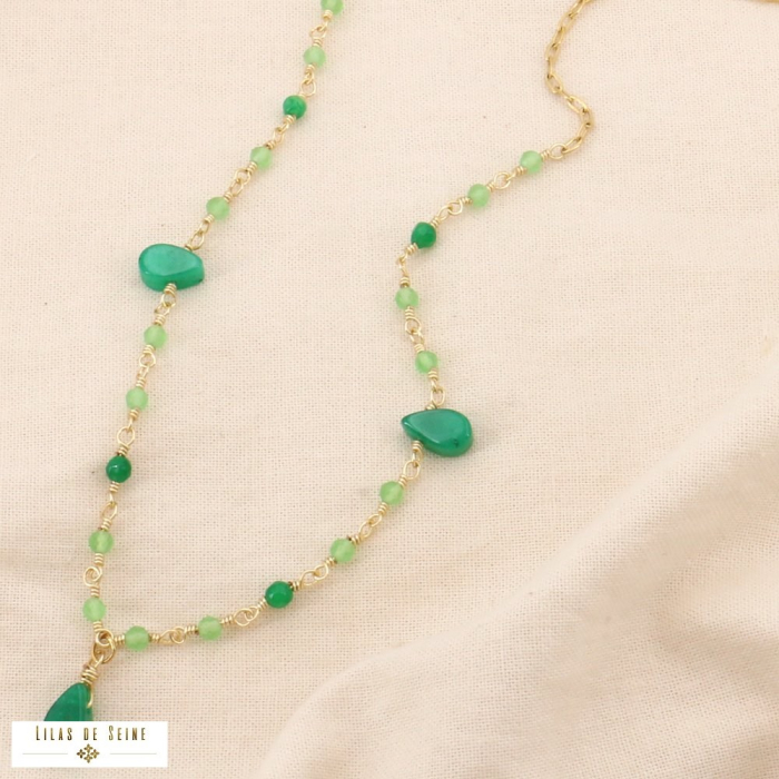 Collier acier inoxydable gouttes billes pierre femme 0124129 vert