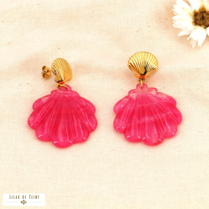 Boucles d'oreilles acier inox résine coquillage marbrée 0324003 fushia