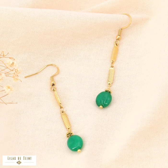 Boucles d'oreilles acier inox gouttes pierre perle eau douce 0324077 vert