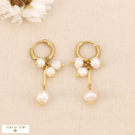 Boucles d'oreilles grappe pierres/perles naturelles et acier 0324067 blanc