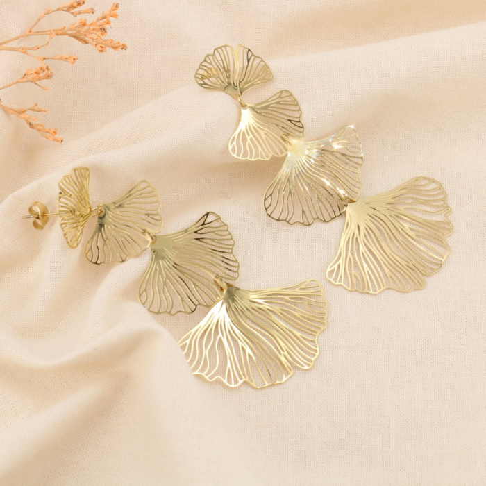 Boucles d'oreilles acier feuilles gingko ajourées pendantes 0324139 doré