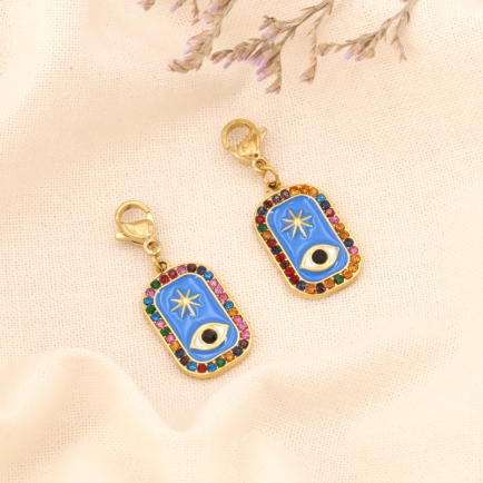 2 charms breloques double face oeil étoile émail acier strass 0624008 bleu foncé