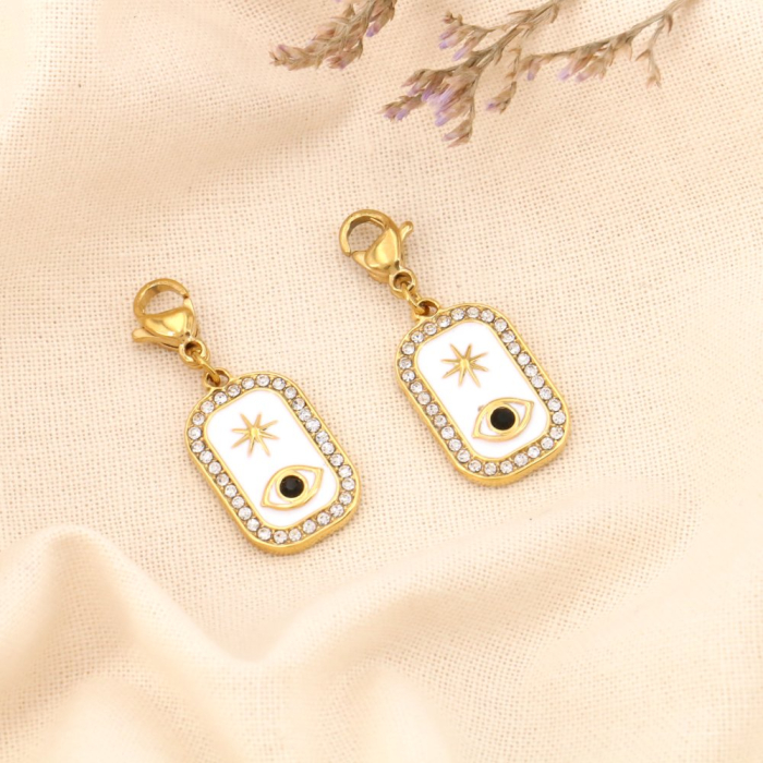 2 charms breloques double face oeil étoile émail acier strass 0624008 blanc