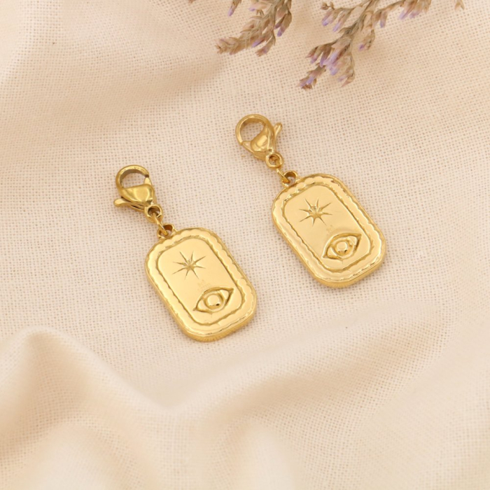 2 charms breloques double face oeil étoile émail acier strass 0624008 blanc