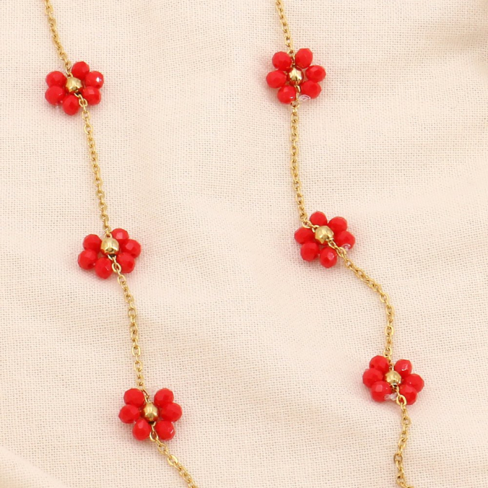 Collier acier inoxydable fleurs bille facettée cristal 0124135 rouge