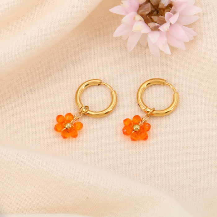 Mini-créoles acier fleurs bille transparente facettée cristal 0324128 orange