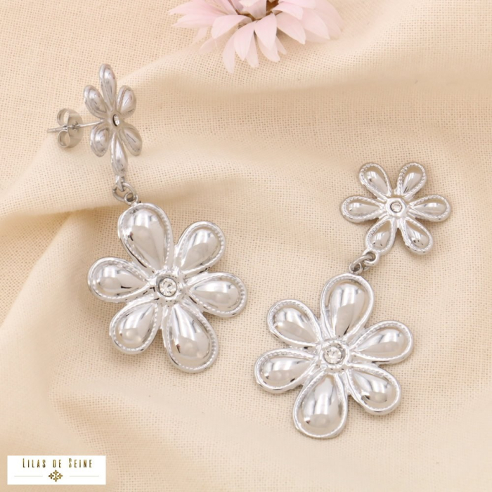 Boucles d'oreilles pendantes acier inox strass double fleurs 0324085 argenté