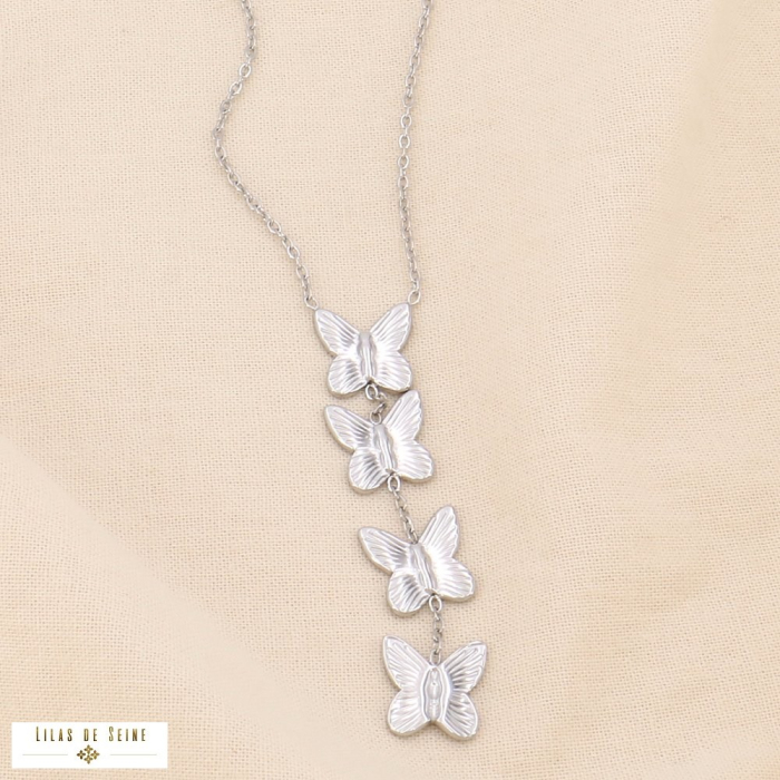Collier forme Y pendentif papillons texturé acier inoxydable 0124087 argenté
