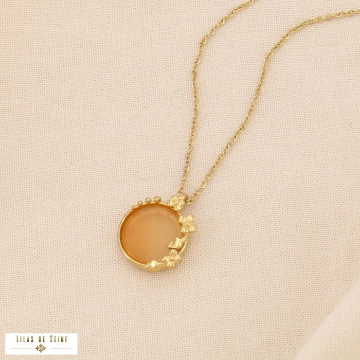 Collier acier inoxydable bohème fleur cabochon pierre 0124141 orange