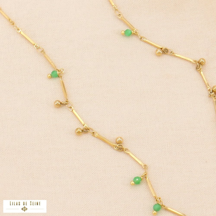 Collier pampilles billes acier inoxydable et pierre pour femme 0124073 vert kaki