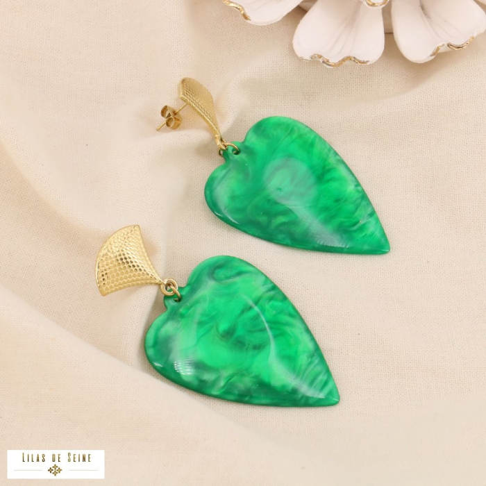 Boucles d'oreilles acier inoxydable coeur résine marbrée 0324008 vert