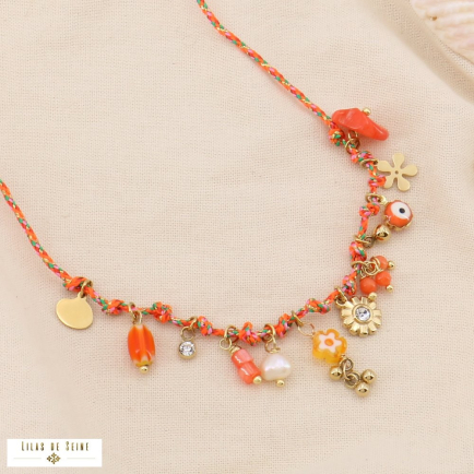 Collier tressé cordon coloré acier inox pierre perle œil fleur 0124144 rouge corail