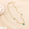 Collier pampilles fleur feuille plume acier inox nacre pierre 0124143 vert