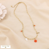 Collier pampilles fleur feuille plume acier inox nacre pierre 0124143 rouge corail